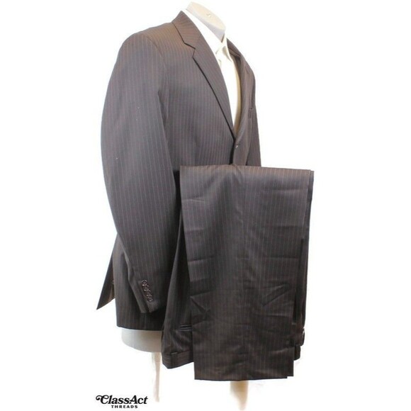 Calvin Klein 2 Piece Suit Mens Wool Brown Striped 3 Btn 42R Flat Fronts 36" W - Picture 1 of 11